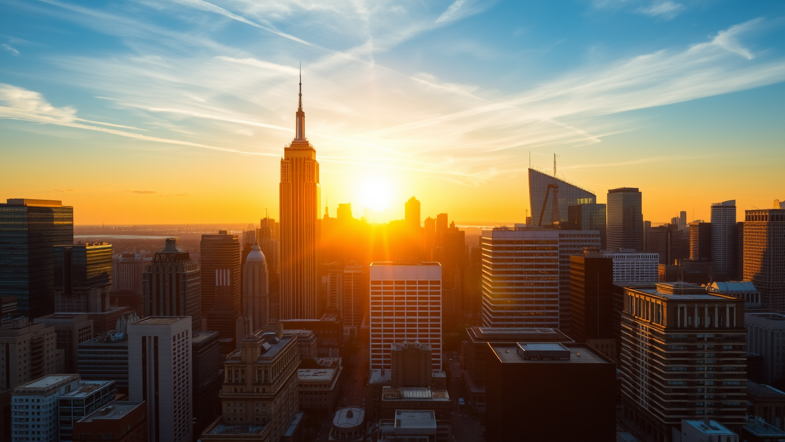 Skyline eines Finanzviertels bei Sonnenuntergang in goldenem Licht.