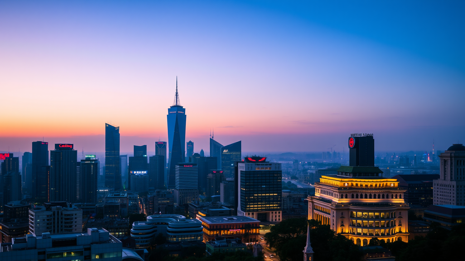 Beleuchtete Finanzviertel-Skyline bei Sonnenaufgang