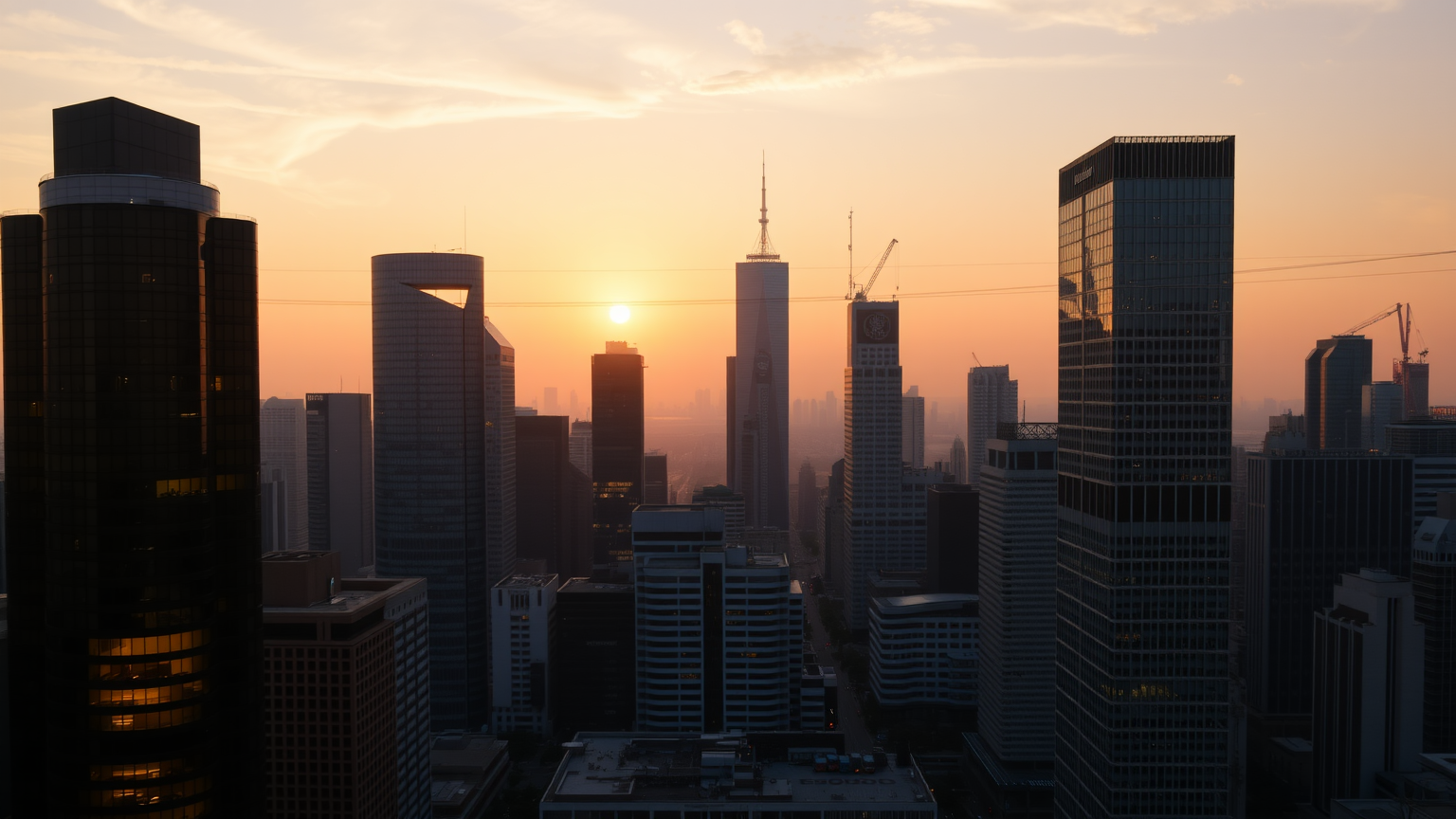 Städtische Skyline bei Sonnenuntergang mit Finanzgebäuden