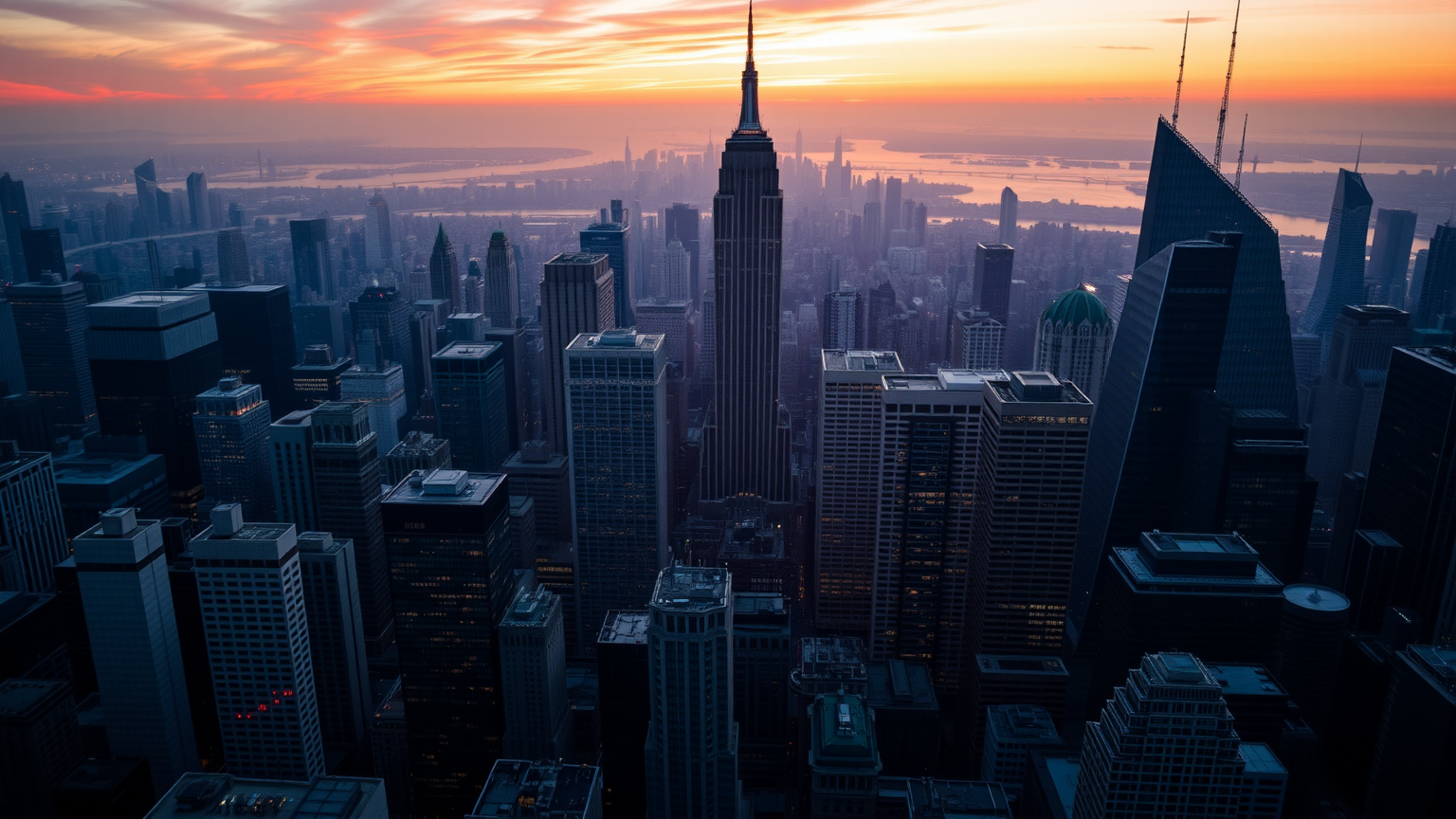 Hochhäuser einer Finanzdistrikt-Skyline bei Sonnenaufgang