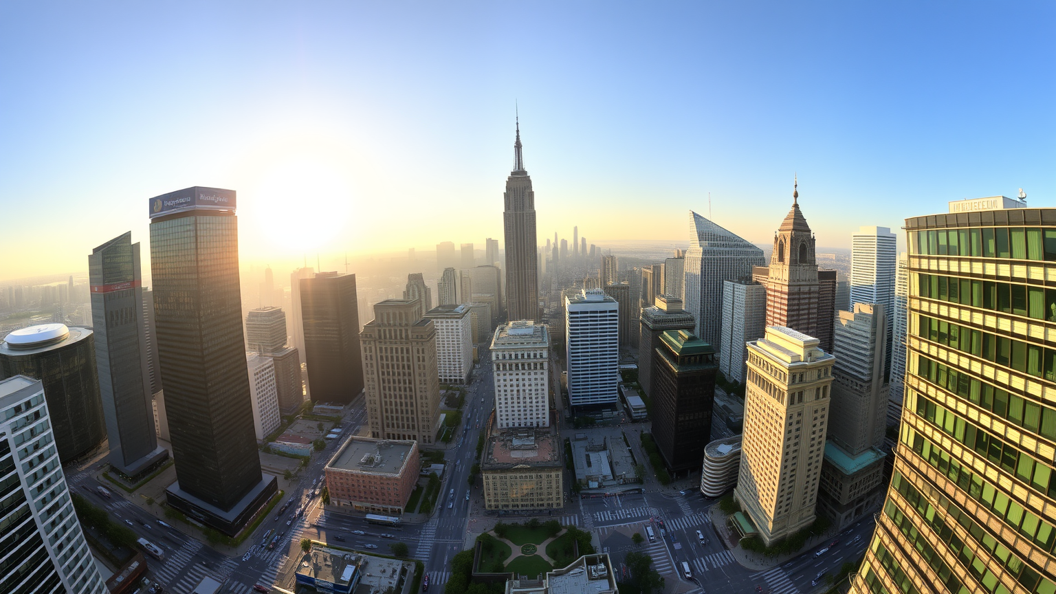 Panorama einer Finanzdistrikt-Skyline bei Sonnenuntergang.