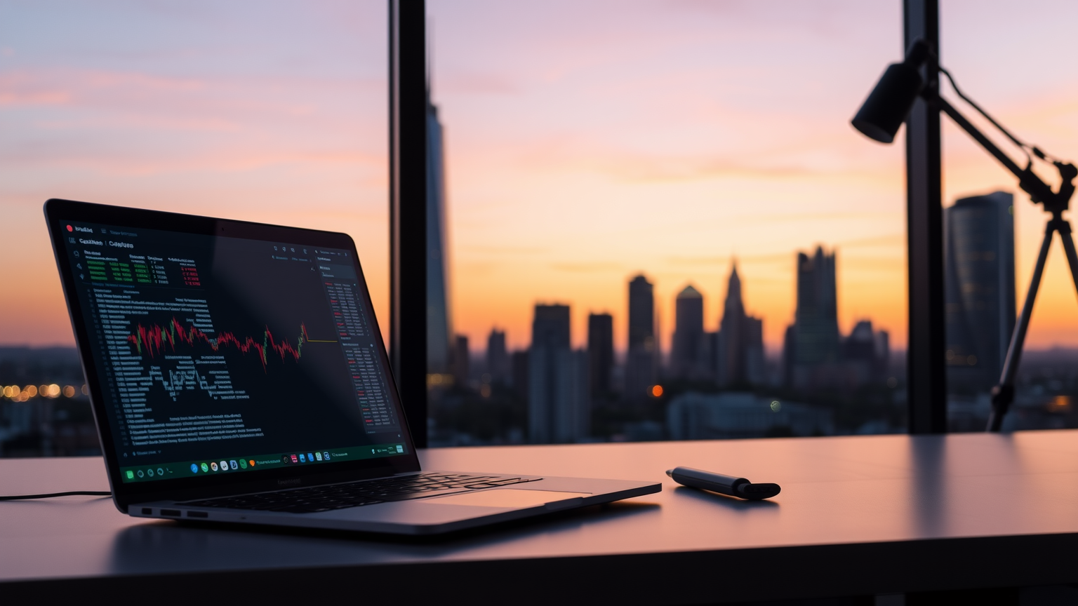 Laptop mit Börsenticker vor abendlicher Skyline