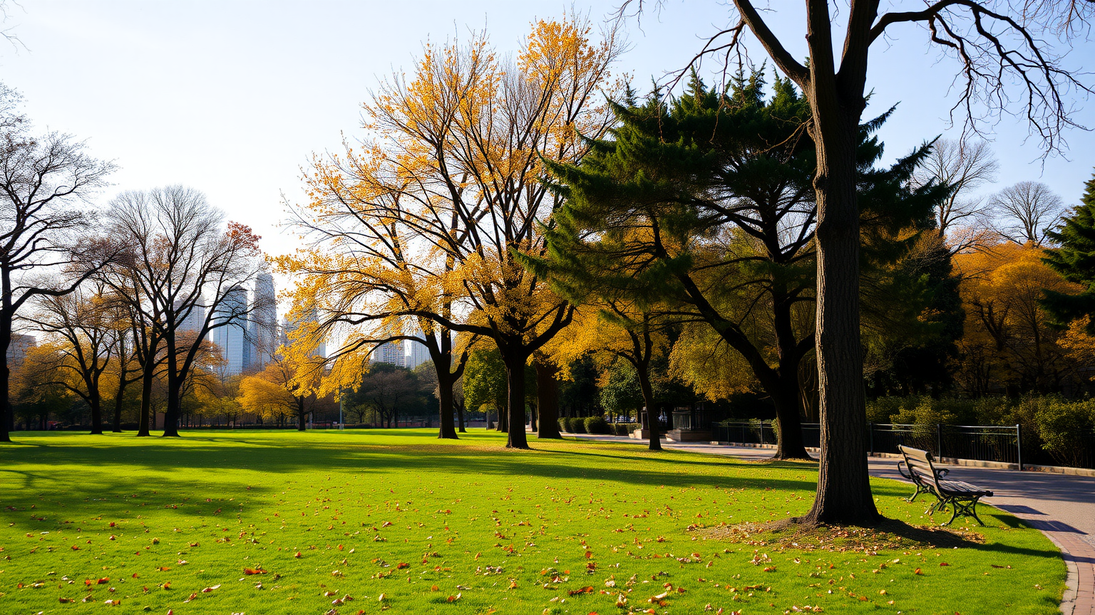 Park mit Herbstlaub und Blick auf das Finanzviertel der Stadt