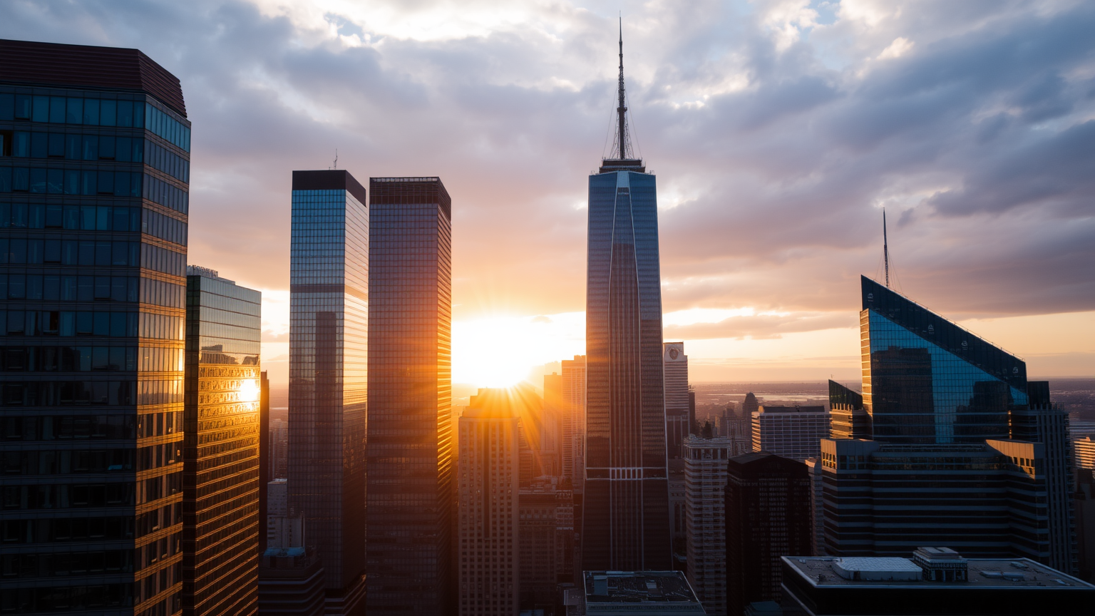 Finanzdistrikt bei Sonnenuntergang, Wolkenkratzer