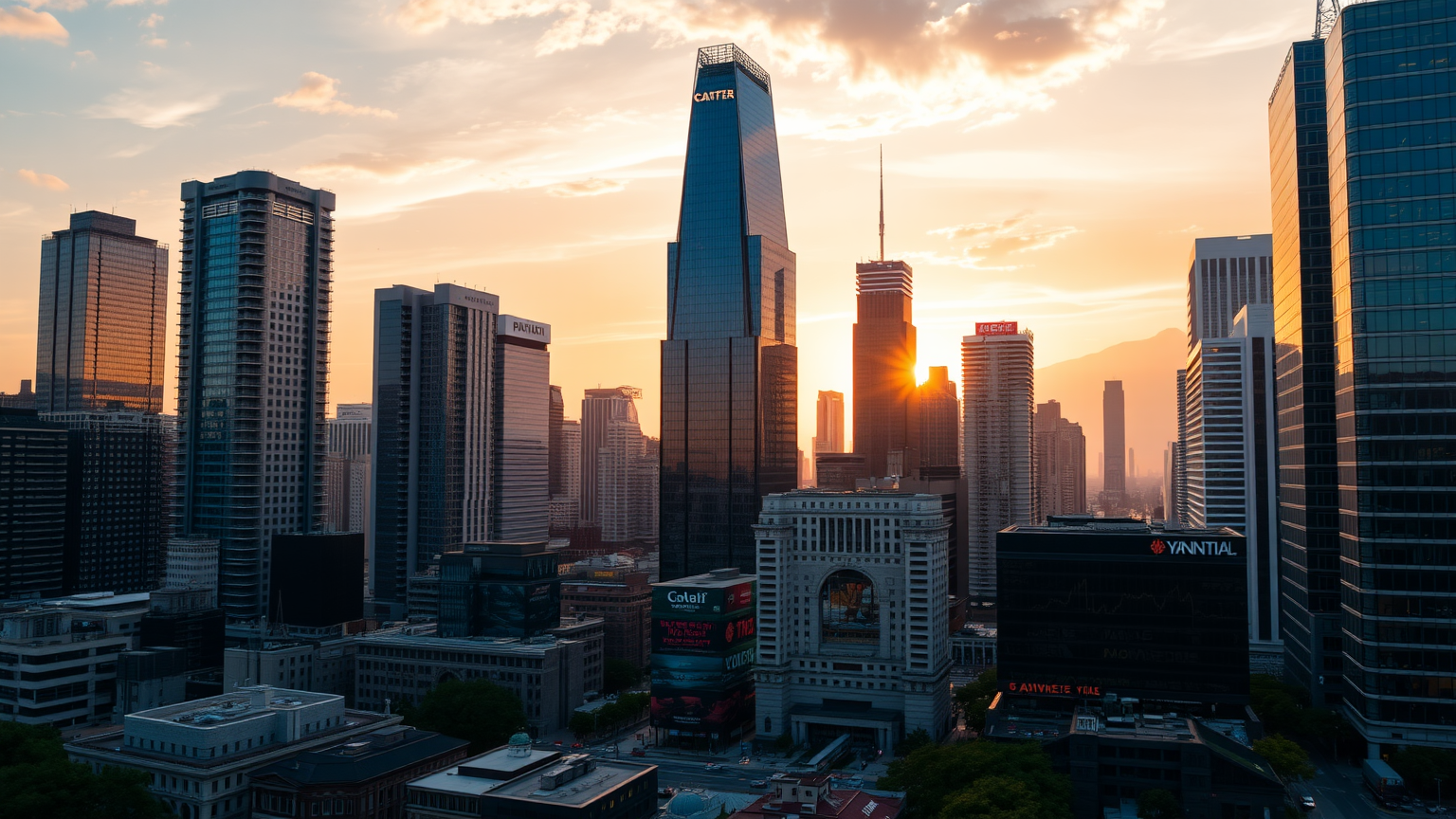 Finanzviertel im Sonnenuntergang mit Spiegelungen