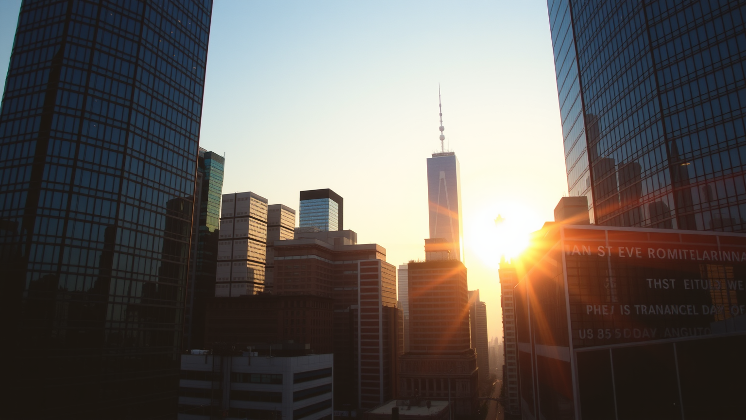 Finanzdistrikt bei Sonnenaufgang mit gespiegelten Wolkenkratzern