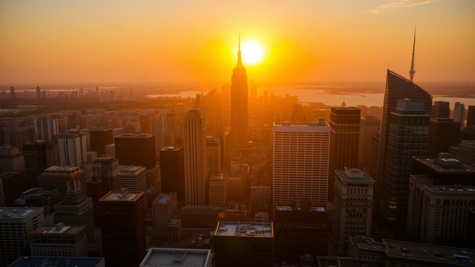 Goldenes Sonnenlicht beleuchtet das Finanzviertel einer Stadt im Morgengrauen