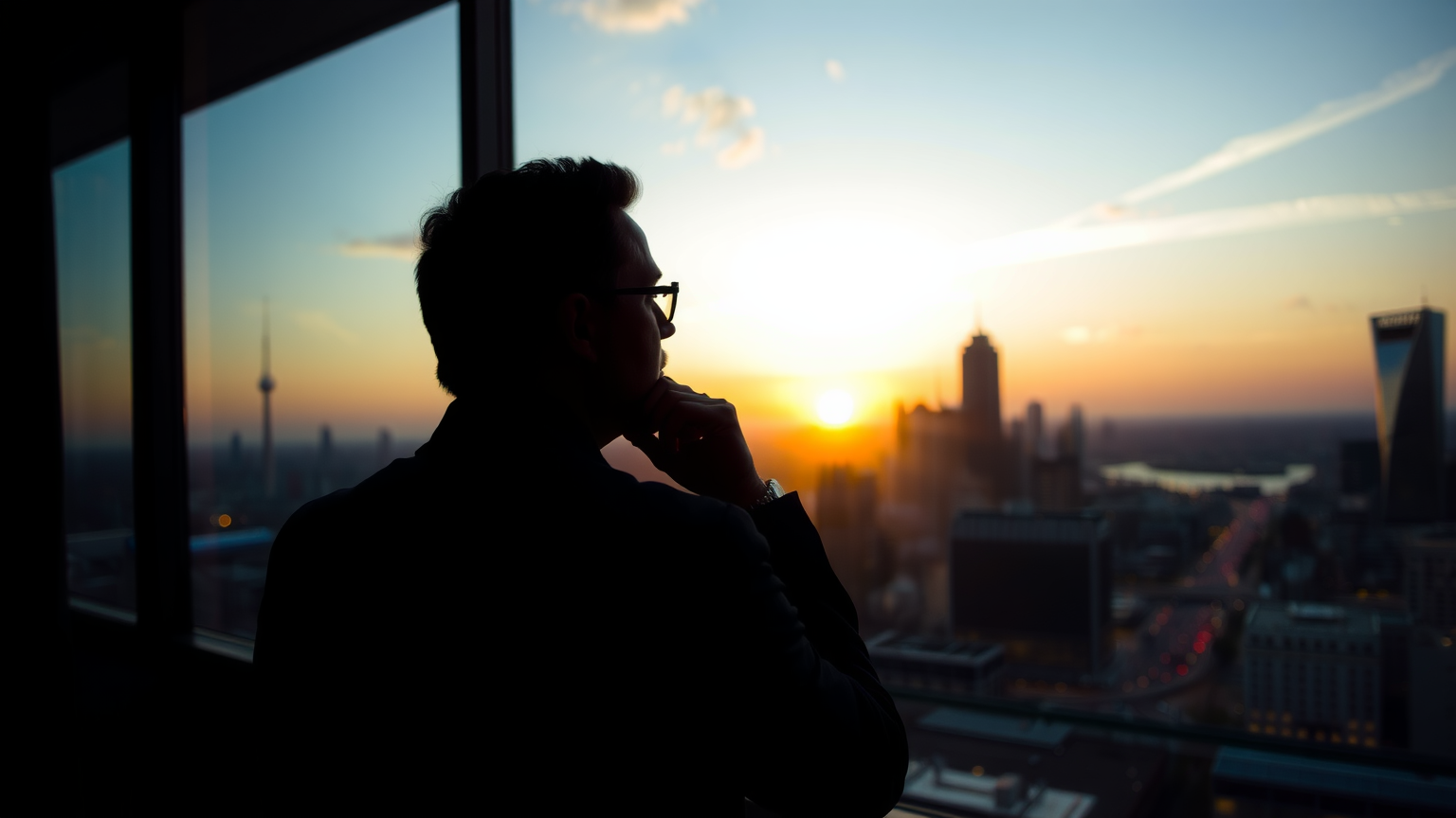 Nachdenklicher Investor schaut aus dem Fenster zur Stadt