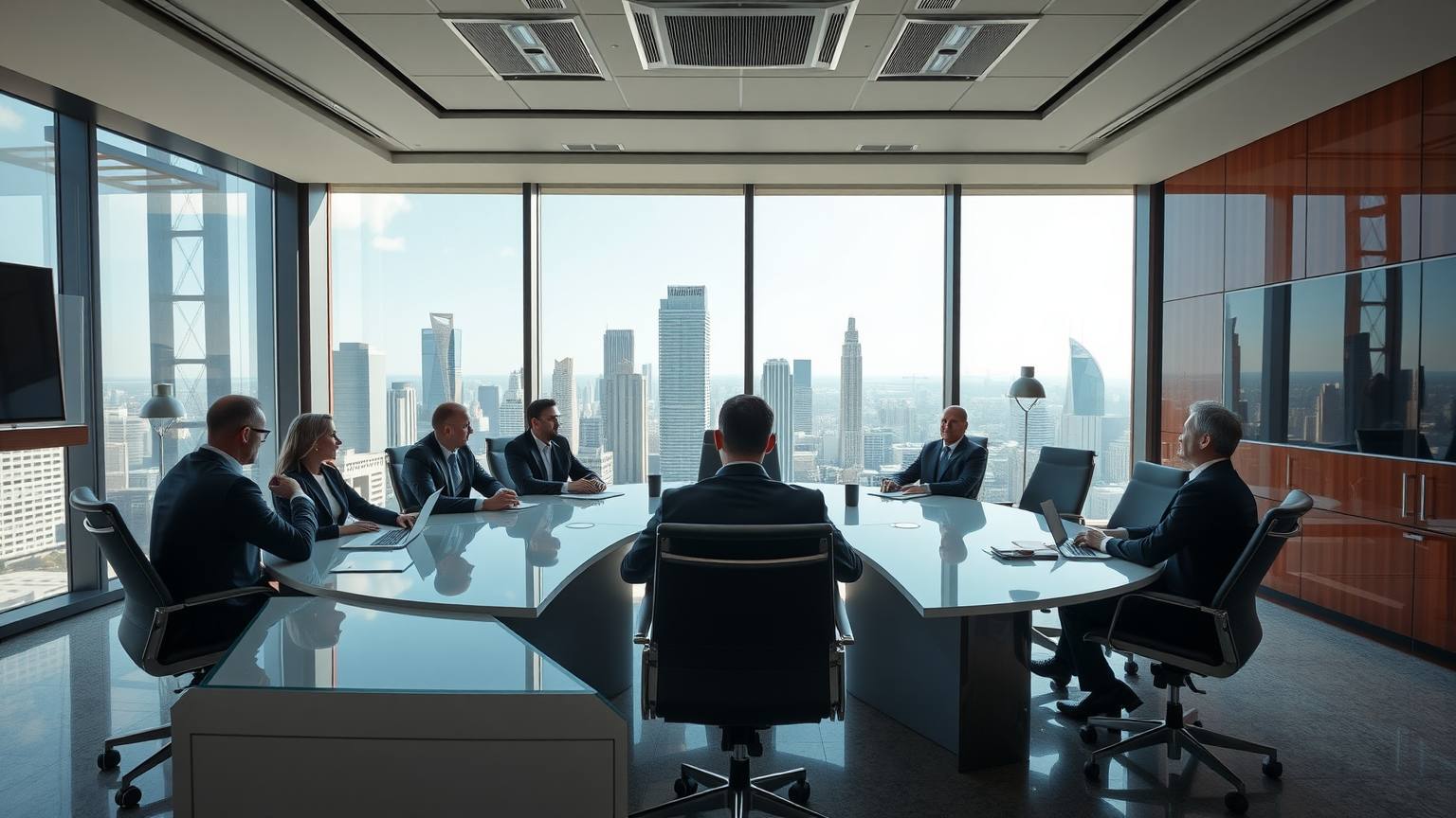 Breitwinkelaufnahme eines Handelskonferenzraums mit ernsten Diskussionen und Stadtblick.