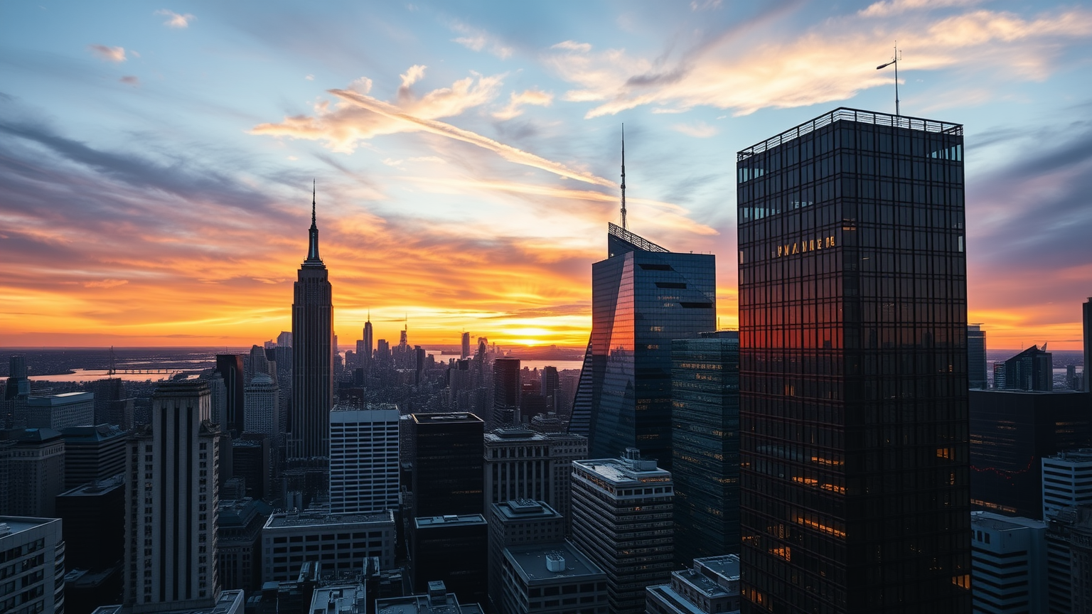 Finanzviertel im Sonnenuntergang mit Marktsymbolen