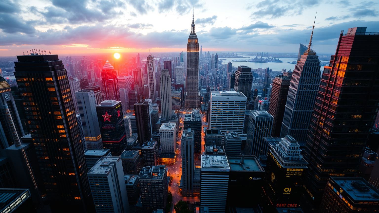 Finanzviertel bei Sonnenuntergang, geschäftig