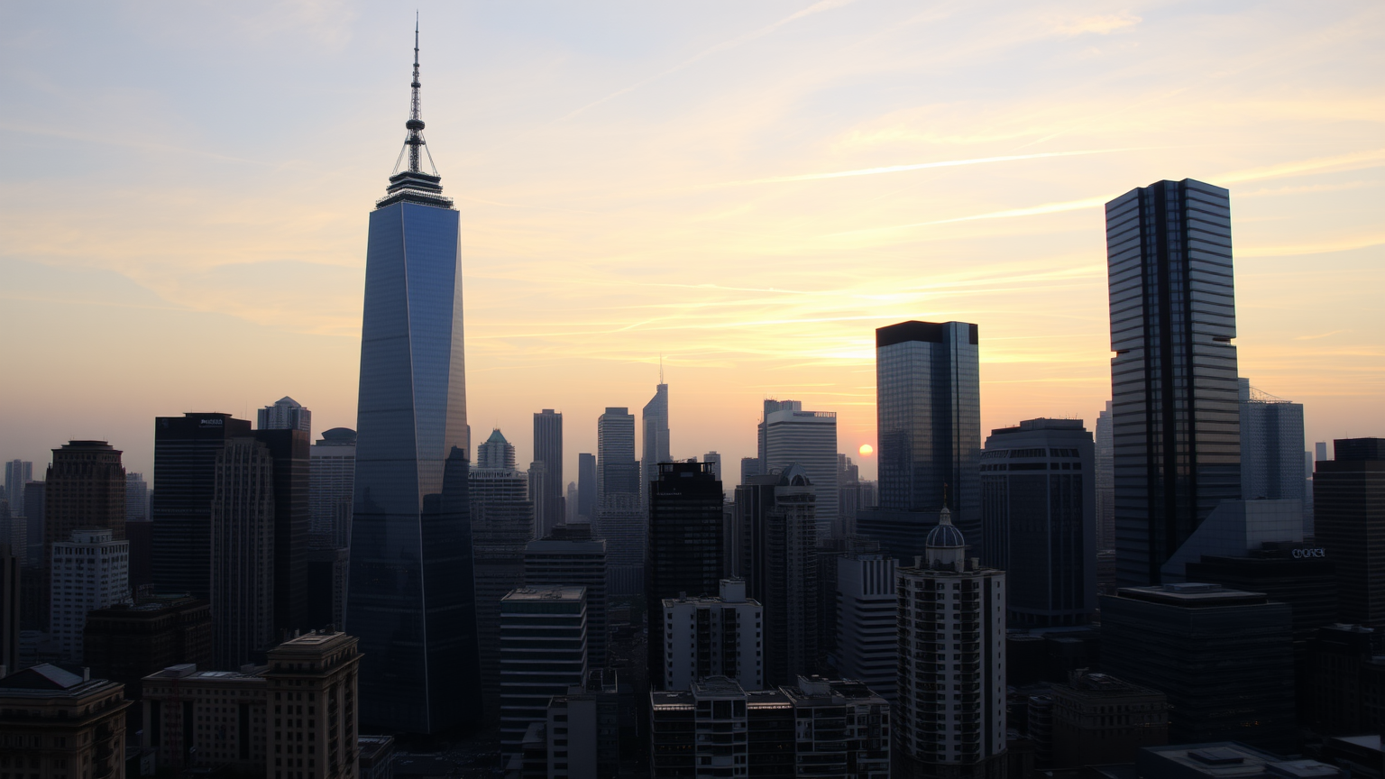 Finanzviertel bei Sonnenuntergang mit ruhigem Himmel