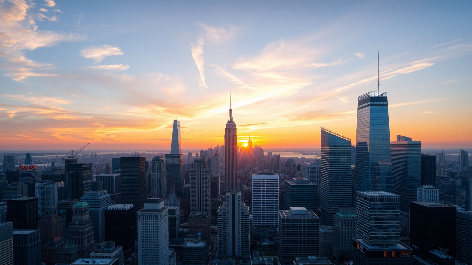 Finanzdistrikt bei Sonnenuntergang mit Wolkenkratzern