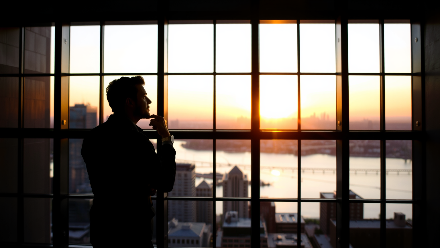 Nachdenklicher Investor am Fenster bei Sonnenuntergang