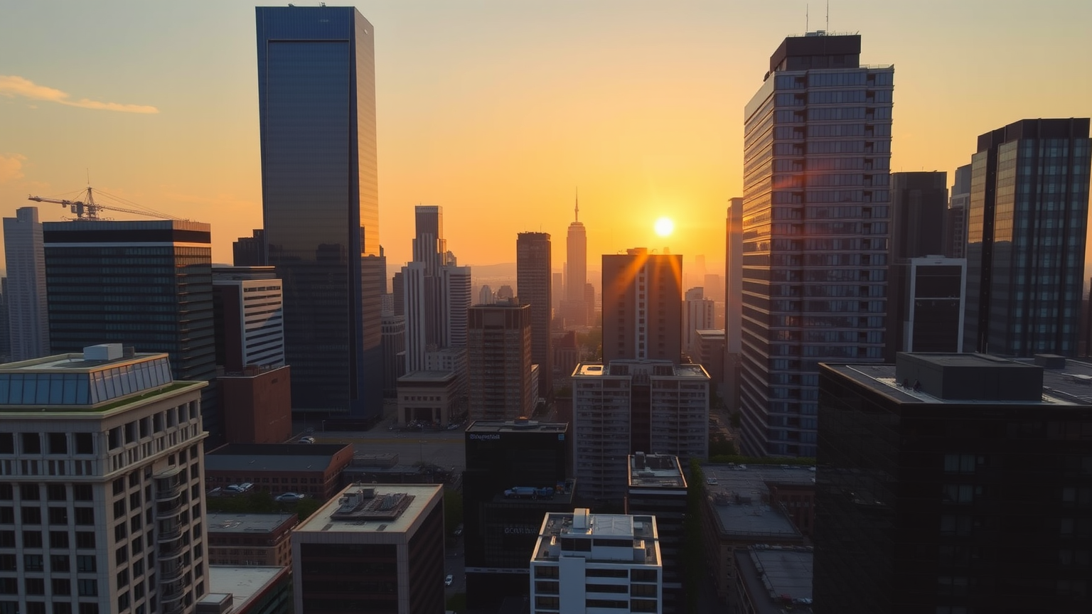 Finanzviertel im Morgengrauen mit goldener Sonnenaufgang