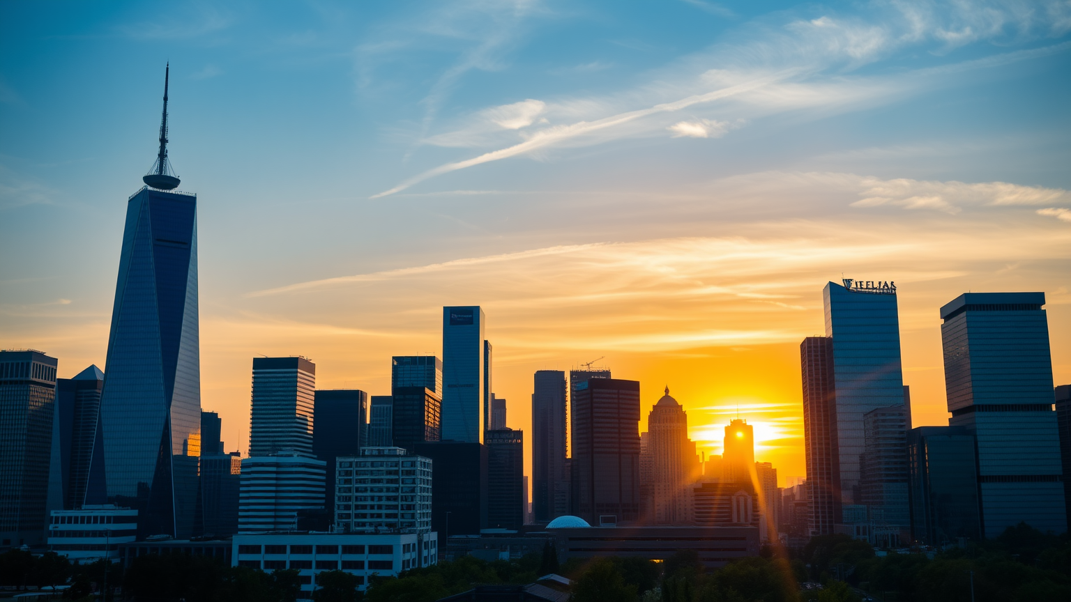 Stadt-Skyline bei Sonnenuntergang.