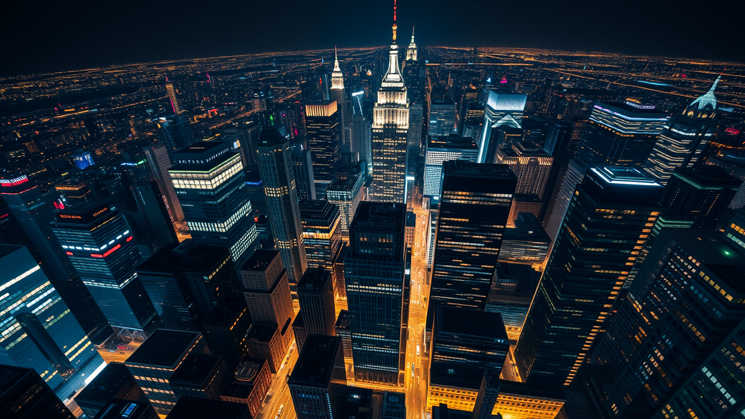 Finanzviertel bei Nacht mit erleuchteten Wolkenkratzern