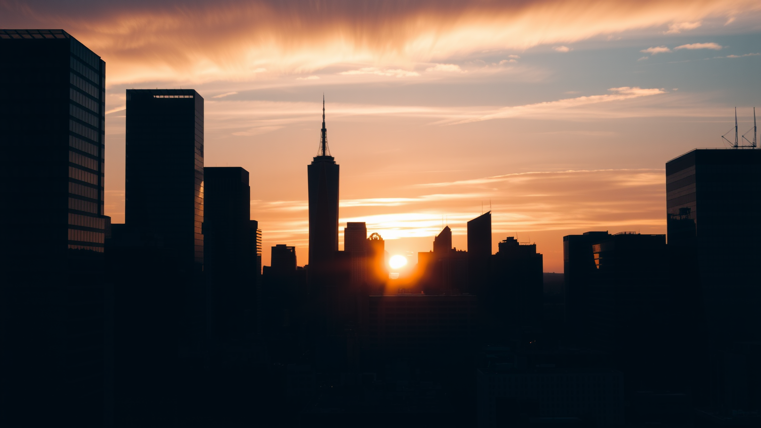 Finanzdistrikt bei Sonnenuntergang mit Wolkenkratzern