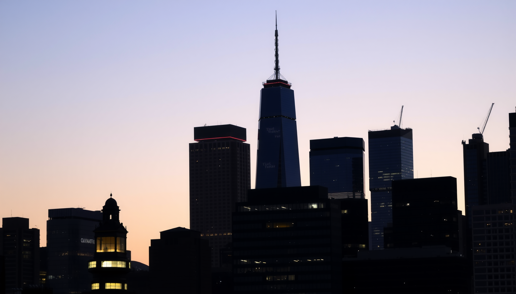 Skyline des Finanzviertels bei Dämmerung mit leuchtenden Bürofenstern