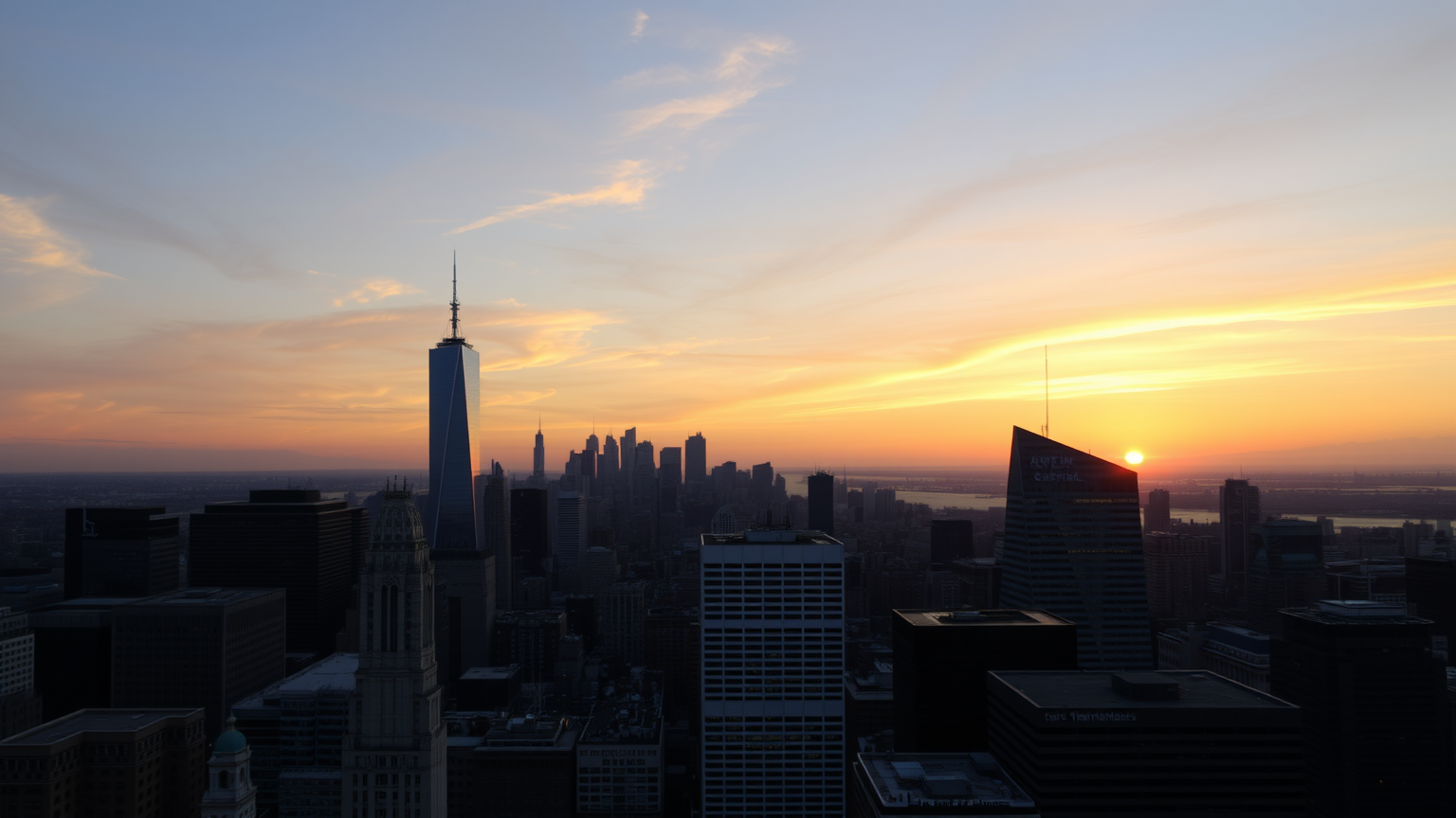 Dramatischer Sonnenuntergang hinter einer Finanzskyline