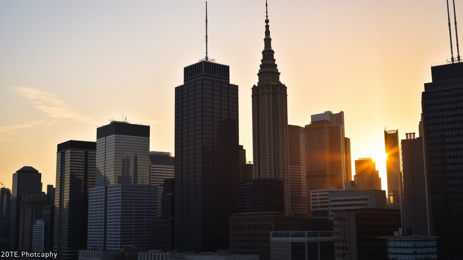 Finanzdistrikt mit Wolkenkratzern im Sonnenuntergang.