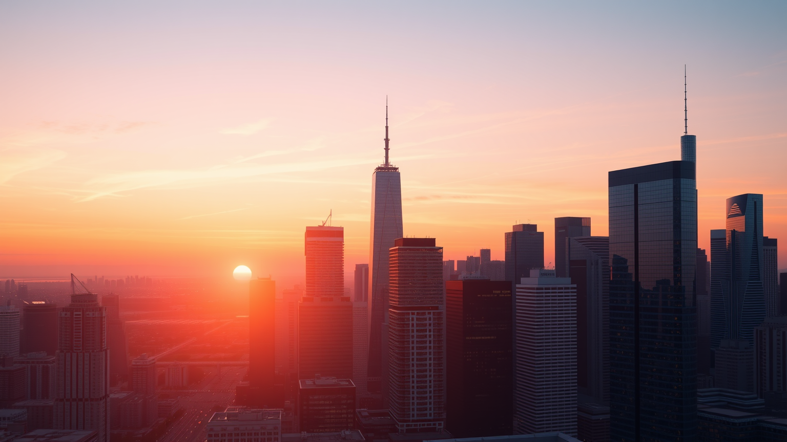 Stadt-Skyline bei Sonnenaufgang, abstrakte Hochhäuser als Finanzgraphen.